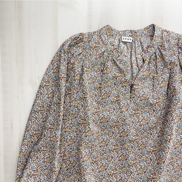 APOF floral peasant cotton floral printed blouse boho casual tuckernut L - Picture 2 of 10